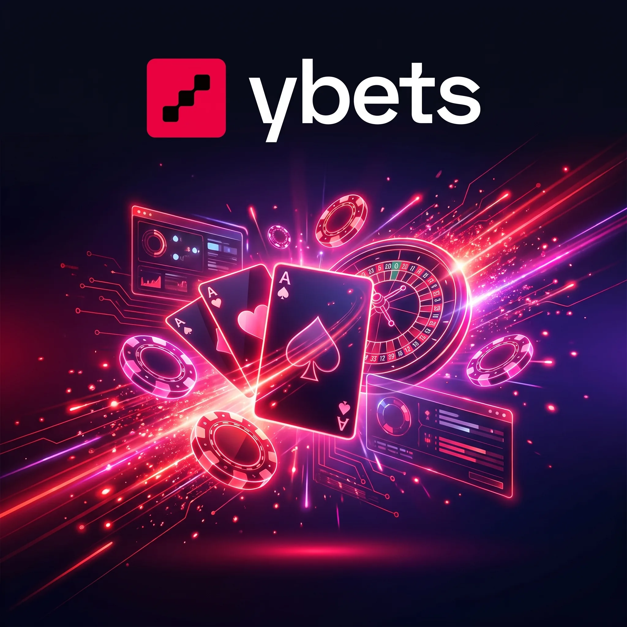 Neon casino cards, roulette and chips